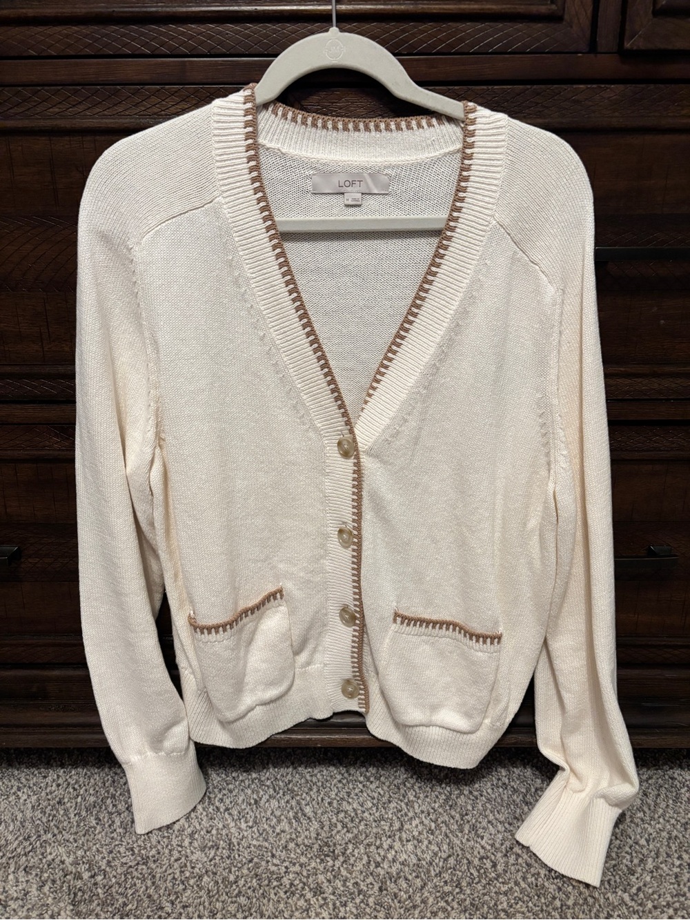 LOFT Cream Cardigan with Tan Contrast Trim
